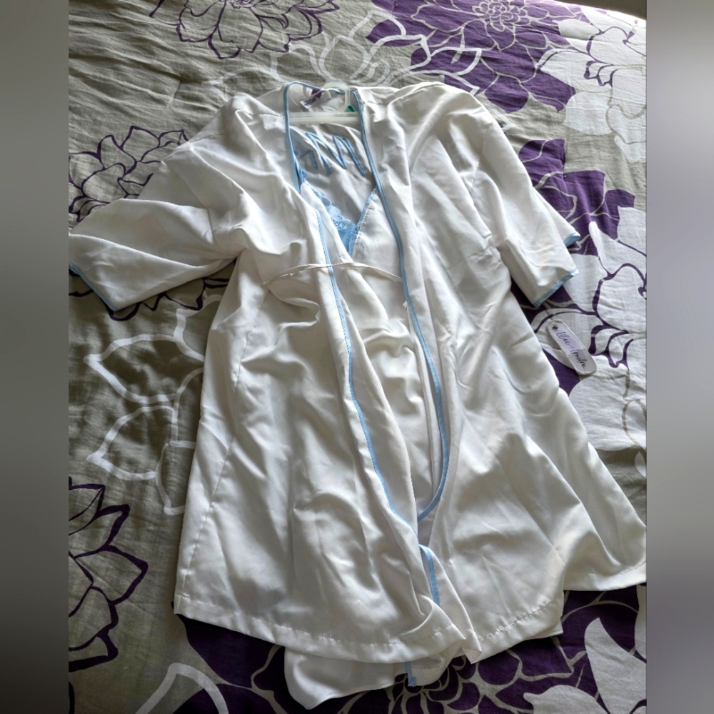 2 Piece Elegant White Robe with Blue Trim